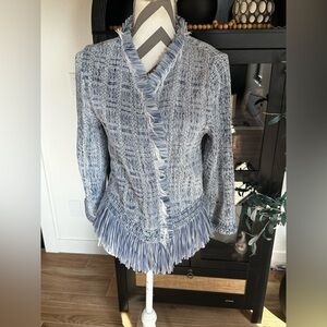 White House Black Market Cardigan Jacket Fringe  Embroidery Cuff Blue White. M
